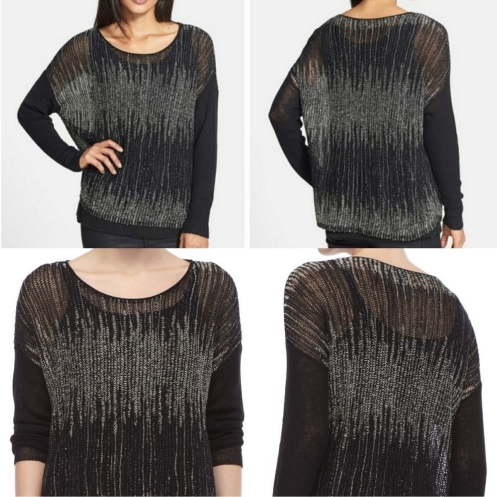 EILEEN FISHER Sweater PS Wool Linen Open Knit Long Sleeve Pullover Black